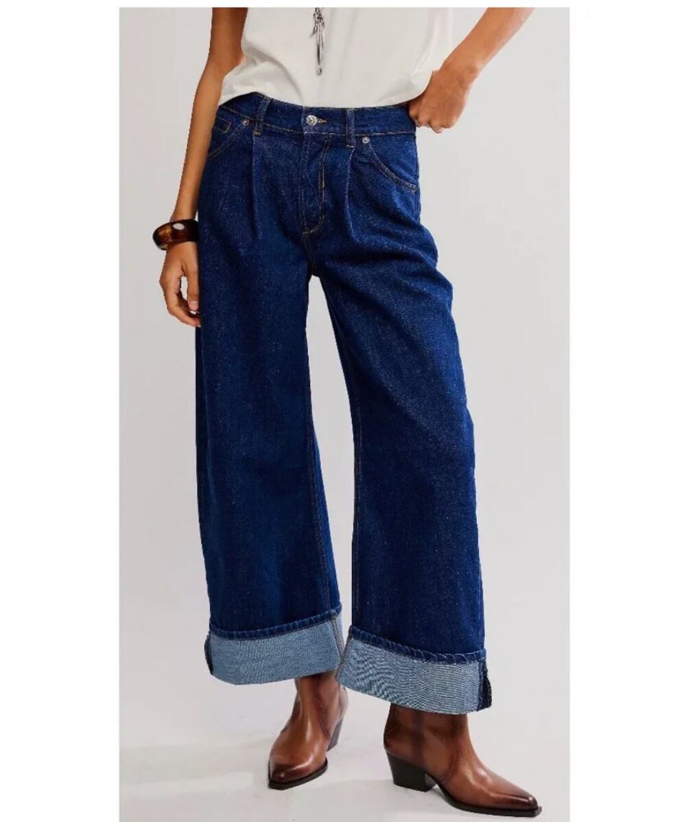 free people alia wide leg jeans dark blue hawthorne wash women size 27